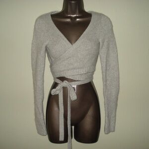 Theory Cashmere Crop Wrap Around Ballet Tie Sweater- Heather Gray- Size Small